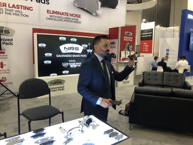 NRS Brakes CEO Montu Khokhar gives North American automotive journalists a chance to compare galvanized and non-galvanized brake pads at the company’s press conference in Las Vegas.
