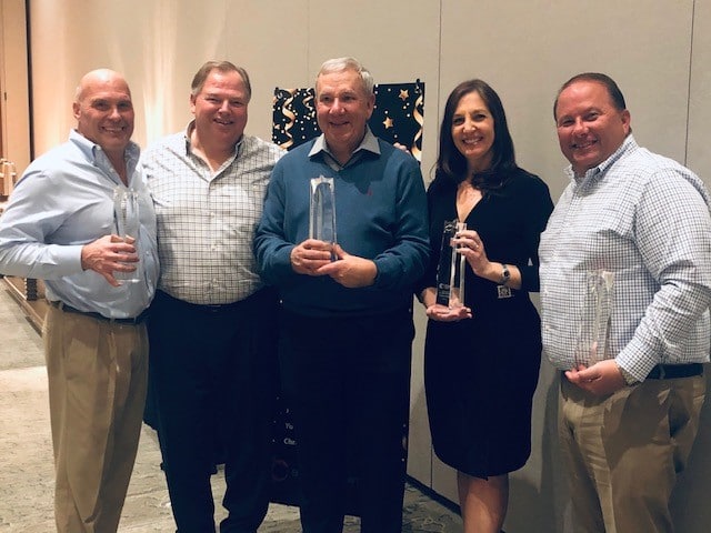BPI presented its leadership award to these five team members (left to right): Michael Caruso, vice president, finance and global controller; David Overbeeke, president and CEO of BPI; Mark Massoth, director of pricing; Kristin Grons, marketing manager – Raybestos; David Ferretti, vice president, sales – NAPA