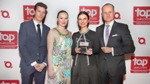 Receiving the “Top Employer for Engineers in Germany” award for Knorr-Bremse are (from left): Dr. Yves Campera, Project Manager Commercial Vehicle Systems; Liv Petersen, Project Manager Rail Vehicle Systems; Berna Tulga-Akcan, Human Resources, and Thomas Thiede, Manager at Kiepe Electric GmBbH.