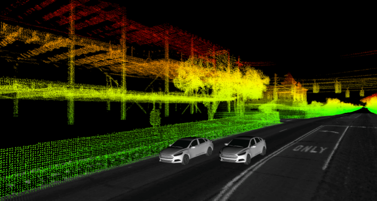 A data visualization showing two Ford self-driving research vehicles driving through Dearborn, Mich.