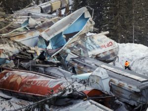 A train derailment is shown near Field, B.C., Monday, Feb. 4, 2019. The Transportation Safety Board says there should be a better way of determining whether a train's brakes are working as they should
