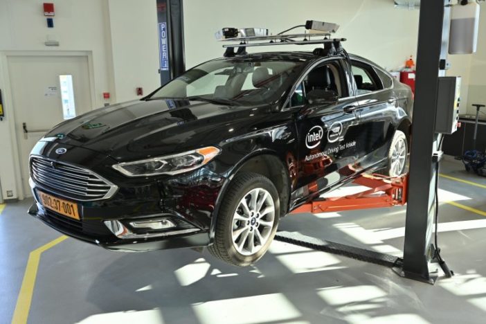 A Mobileye autonomous development vehicle with Luminar lidar sensors on display at Mobileye’s Investor Day in 2019