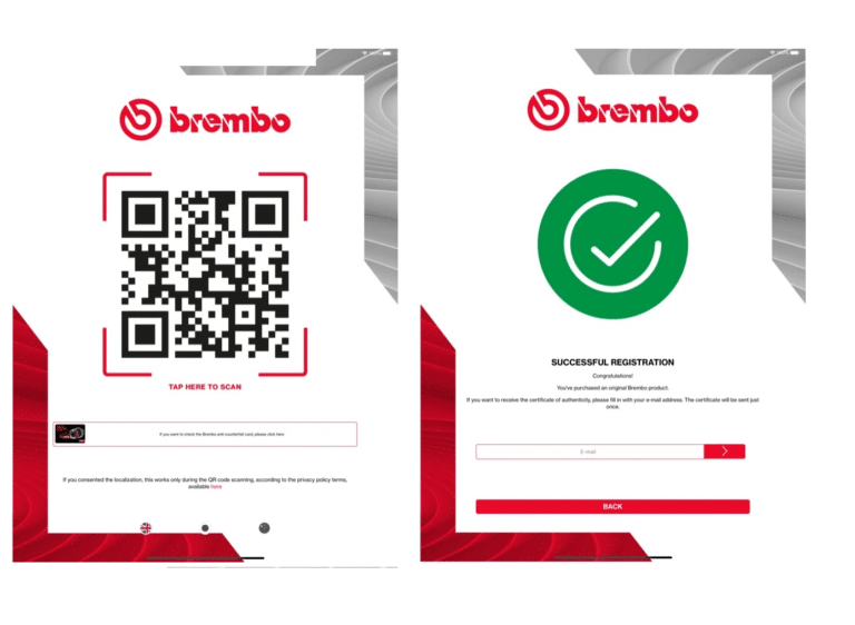Screen shots of the new “Quick Check” smartphone app which can authenticate a brake part as being a genuine Brembo product
