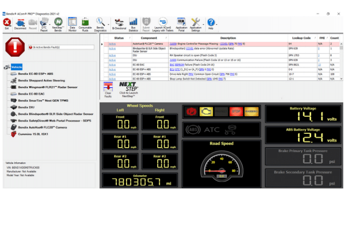 After connection to a vehicle, the technician using ACom® will see the Main Screen that shows the Roll Call, Active and Inactive DTCs, key vehicle information and the main navigation bar at the top of the window.