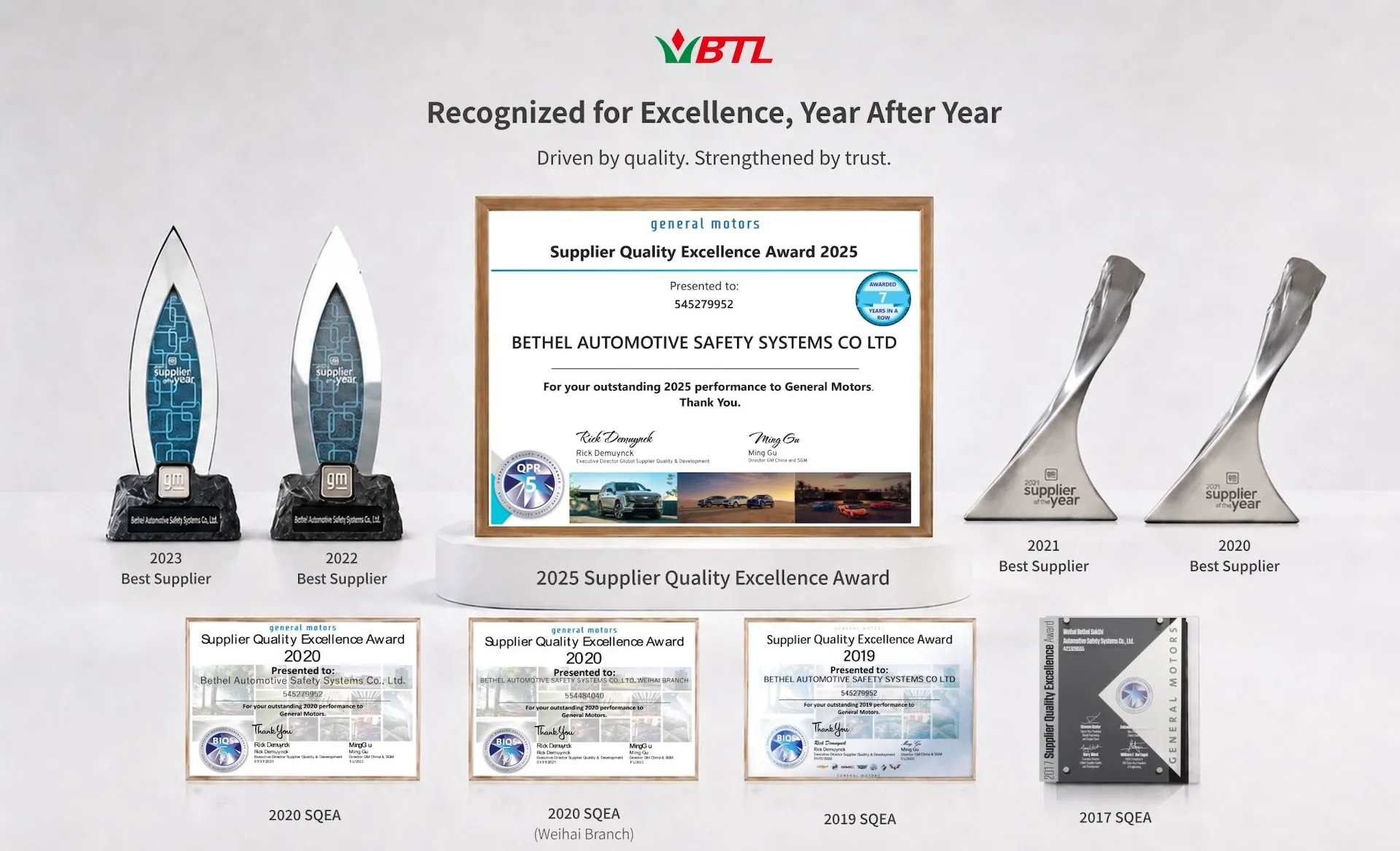 WBTL aluminum steering knuckles and control arms supplied to General Motors, recognized with 2025 GM Supplier Quality Excellence Award.