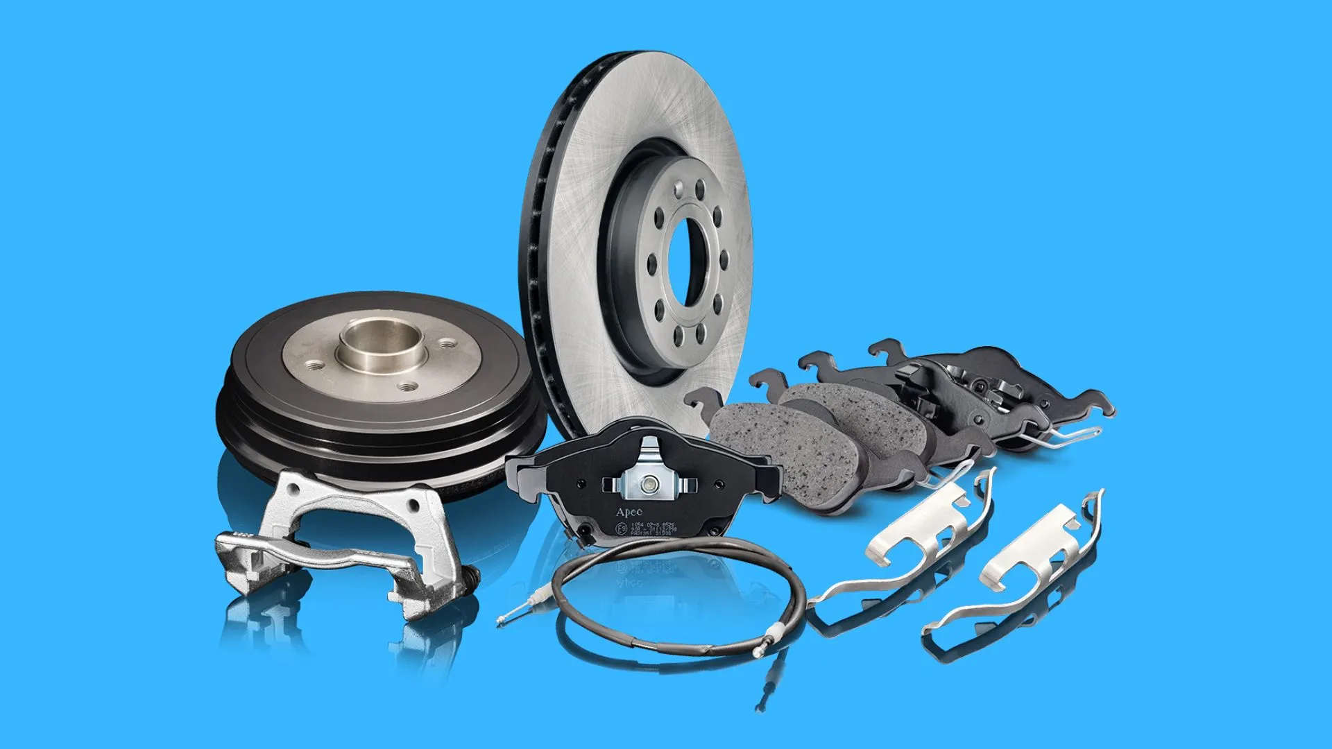 Apec braking range packaging showing Apec Red and Apec Blue brake components for the UK aftermarket