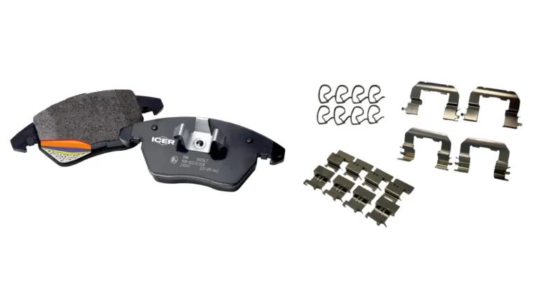 ICER brake pad set shown with anti-noise shims, springs, and slide clip brake accessories.