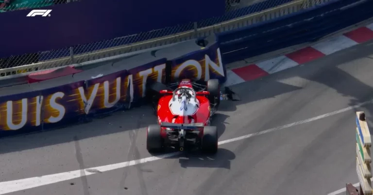 Charles Leclerc's Ferrari after his Monaco Grand Prix crash that he blamed on a brake failure