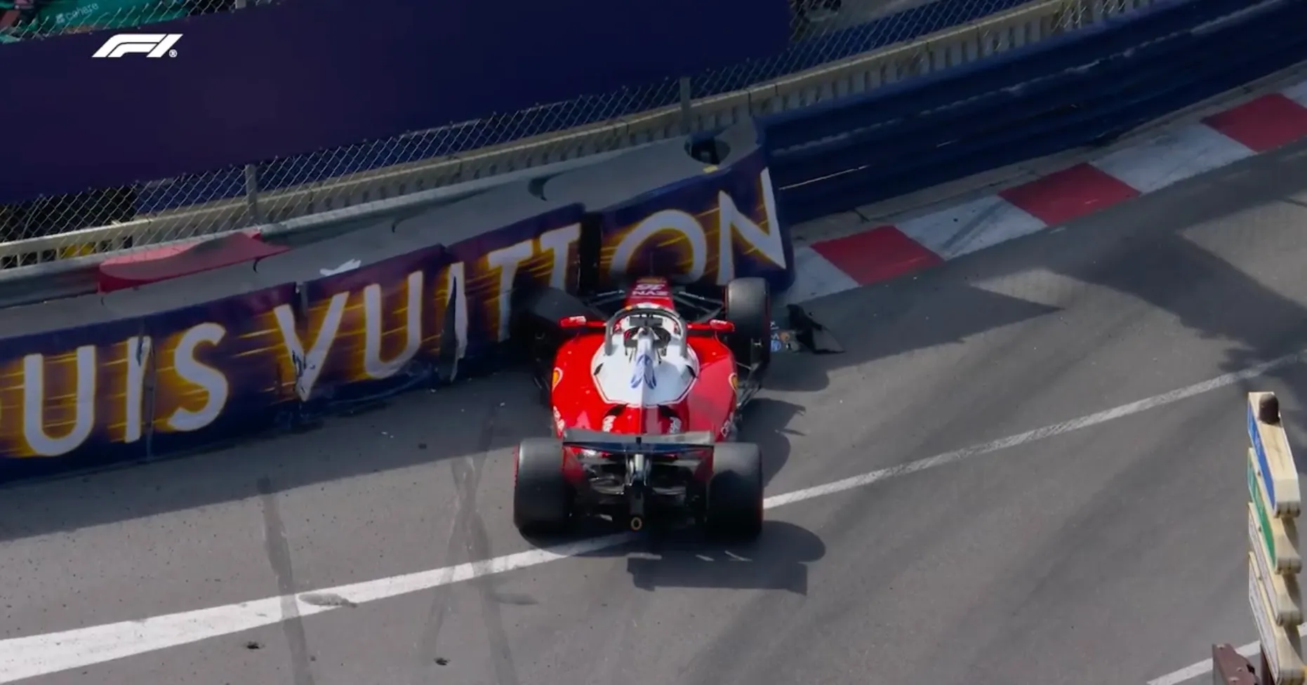 Charles Leclerc's Ferrari after his Monaco Grand Prix crash that he blamed on a brake failure