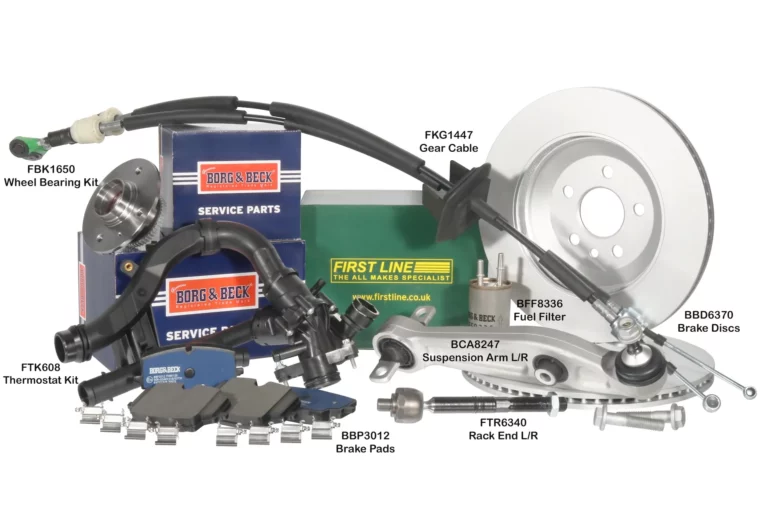 First Line July new-to-range references including Borg & Beck BBD6370 brake discs, BBP3012 brake pads, BCA8247 suspension arm, FBK1650 wheel bearing kit, and FKG1447 gear cable