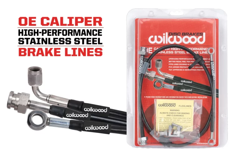 Wilwood OE Flexline stainless steel brake line with PTFE liner and PVC armor, shown with retail packaging