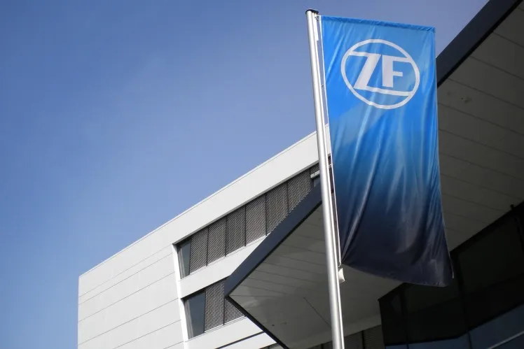 ZF corporate signage accompanying ZF H1 2026 results reporting an adjusted EBIT margin of 5.0 percent