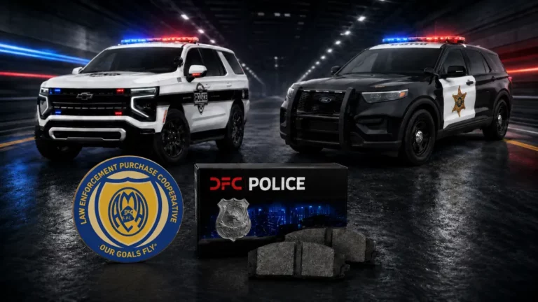 Chevrolet Tahoe PPV and Ford Explorer Police Interceptor beside a DFC POLICE brake pad box, the AMECA-listed police brake pads for law enforcement fleets
