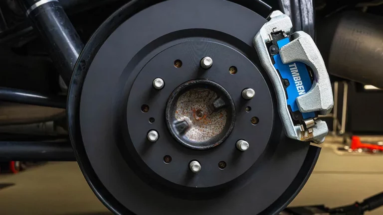 Timbren BES severe-duty coated brake rotor and low-metallic brake pad installed on a Ford F-350 towing a camper