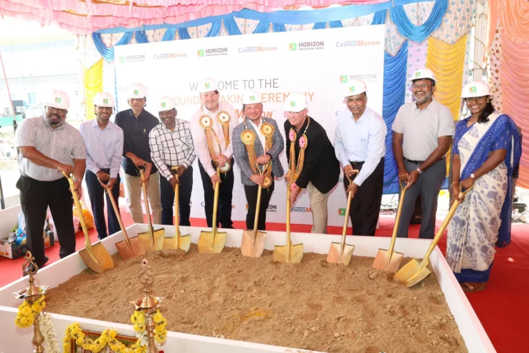 Carlisle Brake & Friction and CentroMotion executives with ceremonial shovels at the groundbreaking for the company's new Chennai wet friction plant