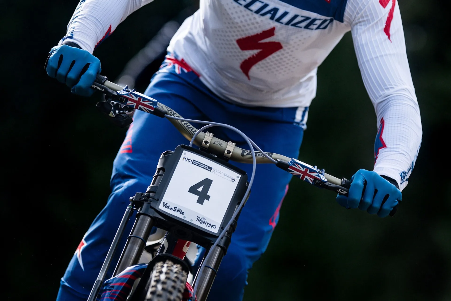 J.JUAN stainless steel braided bicycle brake hose fitted to a Specialized Gravity Team downhill bike alongside a Brembo caliper at the UCI MTB World Championship
