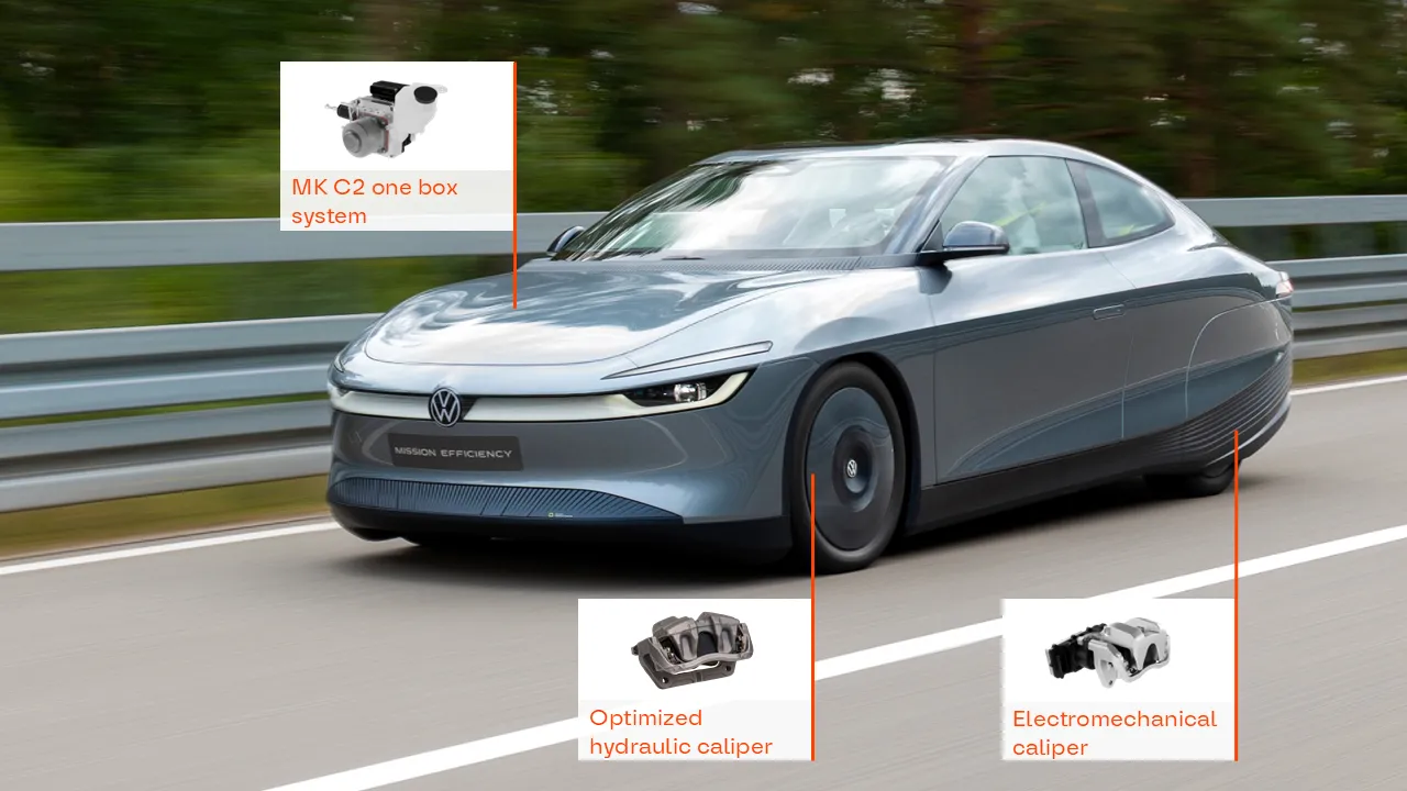 Volkswagen Mission Efficiency concept car with AUMOVIO semi-dry brake system components