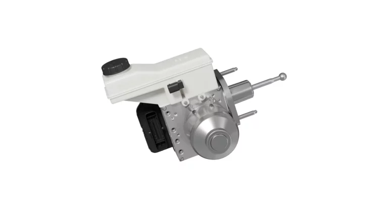 ZF Integrated Brake Control unit showing brake fluid reservoir, electronic control module and pushrod, produced at the Fowlerville, Mich., plant