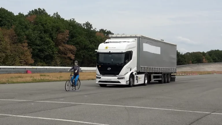 BYD ETT 44 electric truck approaching a cyclist dummy during Euro NCAP truck safety ratings testing