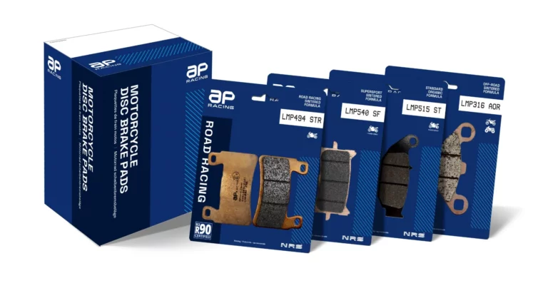 AP Racing brand identity on new motorcycle disc brake pad packaging, including LMP494 STR, LMP540 SF, LMP515 ST, and LMP316 AOR pad cards
