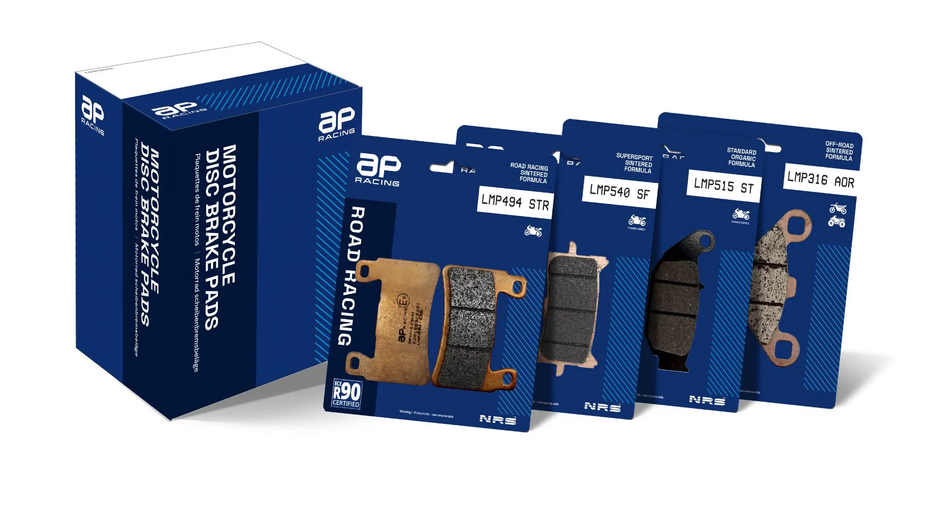 AP Racing brand identity on new motorcycle disc brake pad packaging, including LMP494 STR, LMP540 SF, LMP515 ST, and LMP316 AOR pad cards