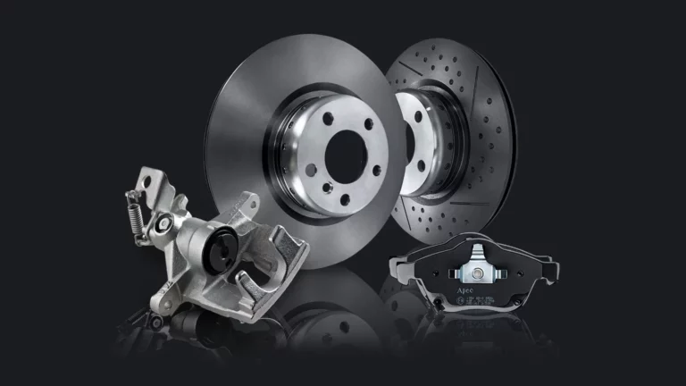 Apec braking range components, including a brake caliper, plain and drilled-and-slotted brake discs, and an Apec brake pad set
