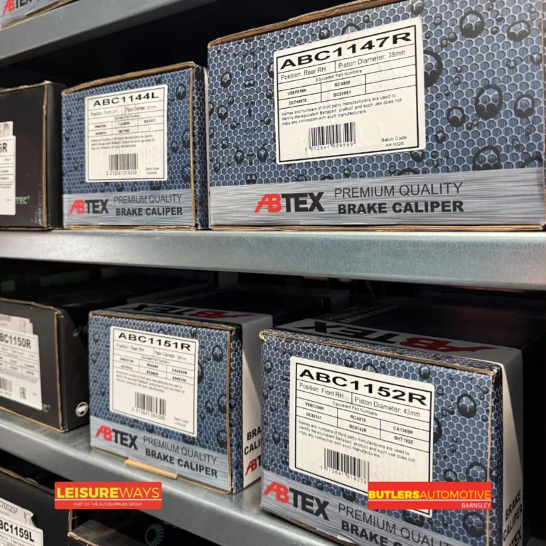 BTEX brake caliper boxes on warehouse shelving, labeled with part numbers including ABC1147R and ABC1152R, with Leisureways and Butlers Automotive logos.