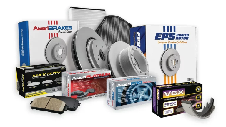 Momentum USA brake part numbers product collage showing AmeriBRAKES and EPS coated rotor boxes, MAX DUTY, AmeriPLATINUM, AmeriPRO, and VGX brake pad boxes, rotors, a brake drum, brake shoe, and cabin air filters