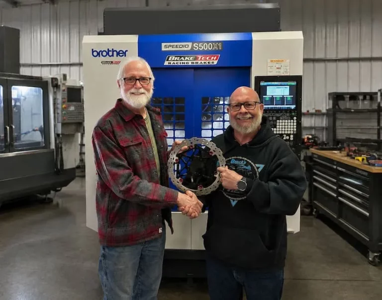 BrakeTech founder Jeff Gehrs with new owner Brock Davidson at the BrakeTech USA manufacturing facility in Reidsville, North Carolina