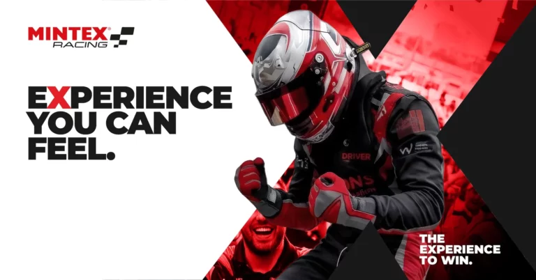 Mintex Racing "Experience You Can Feel" campaign image showing a helmeted driver in red and black racing gear