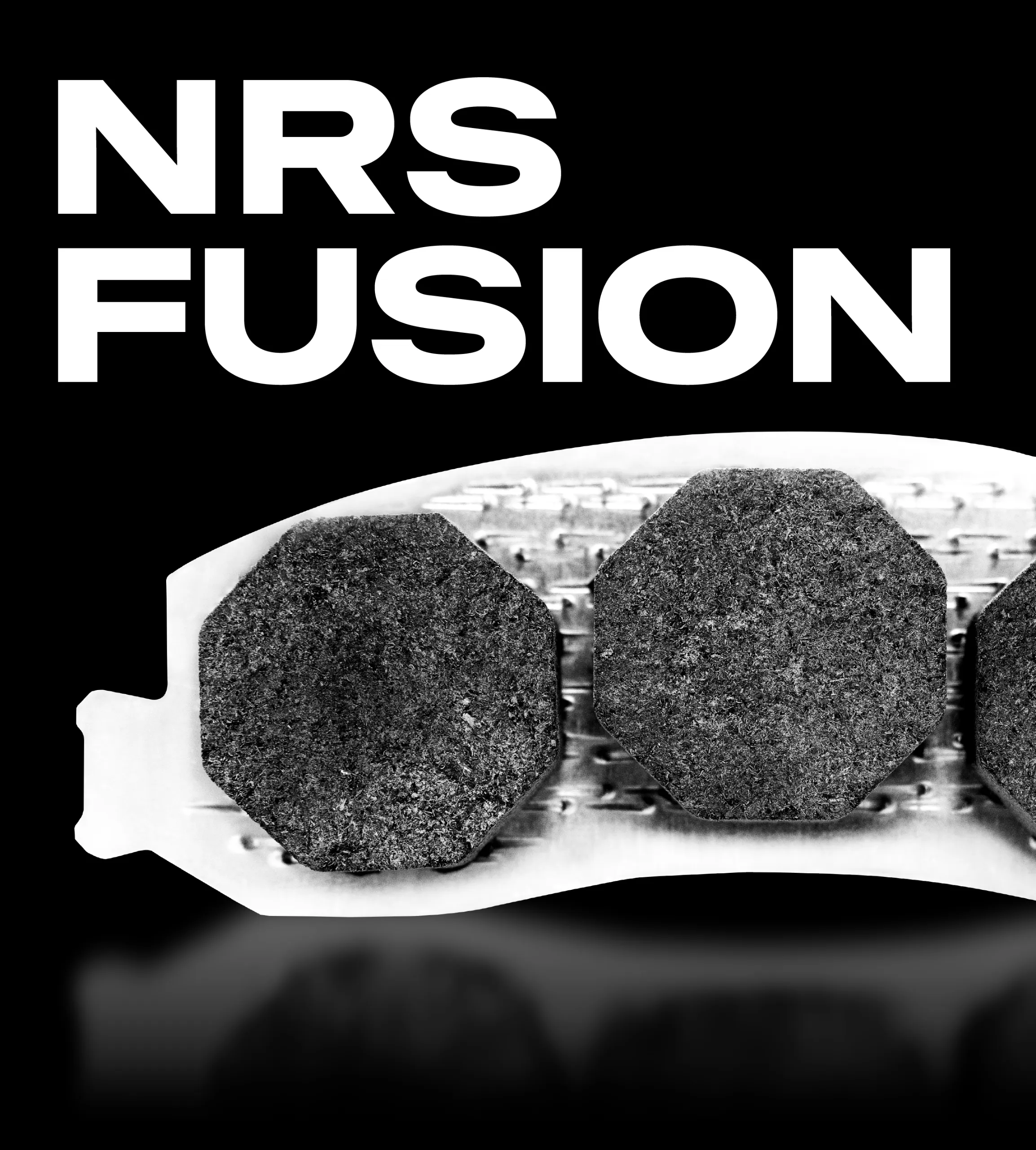 NUCAP NRS Fusion brake pad showing a premade friction puck pressed into a galvanized steel backing plate