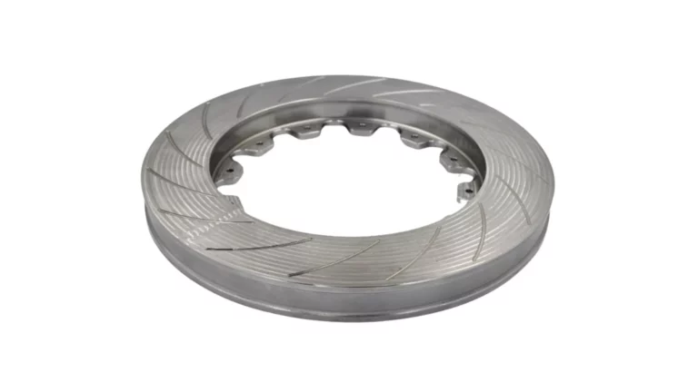 Prototype stainless steel composite brake disc, 355 mm diameter, laser-cladded by Romar Engineering, with close-up of the disc surface
