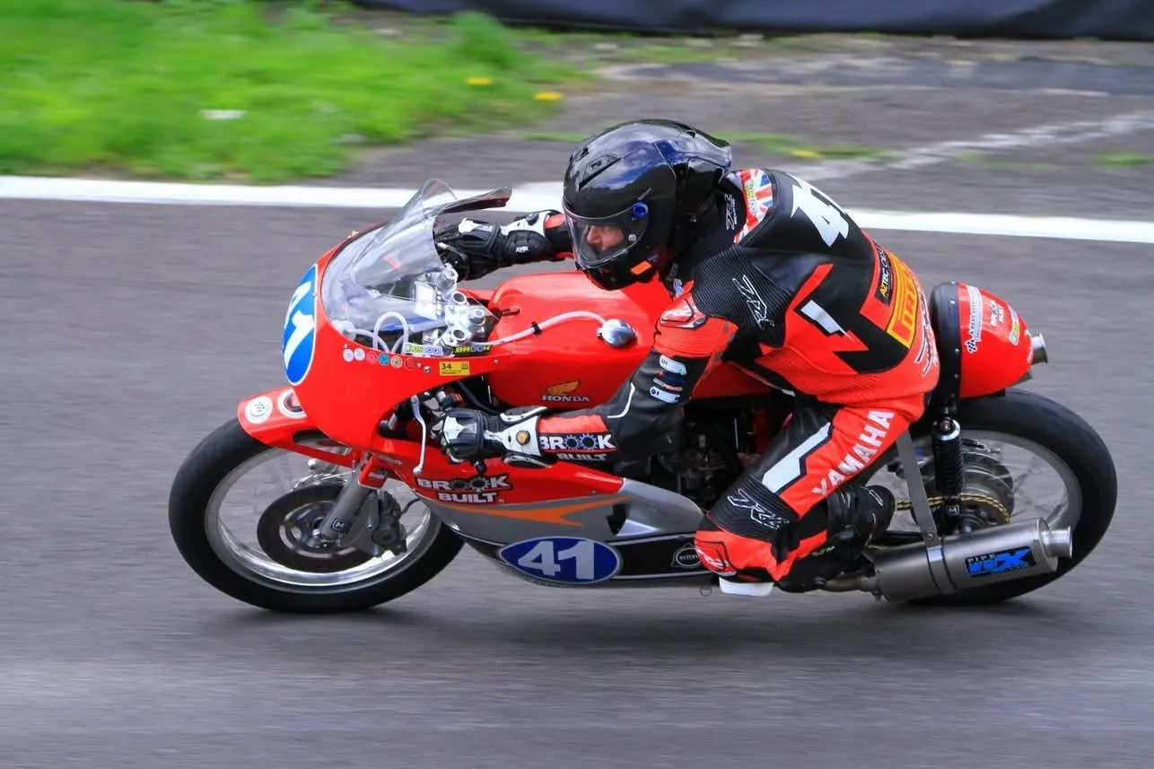 EBC-equipped Brook Built Racing classic motorcycle on track at Cadwell Park