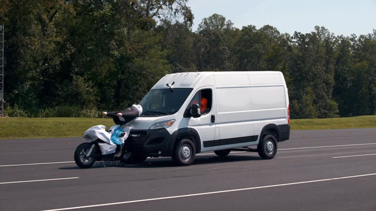 Cargo van approaching a target during IIHS AEB tests of commercial vehicle front crash prevention